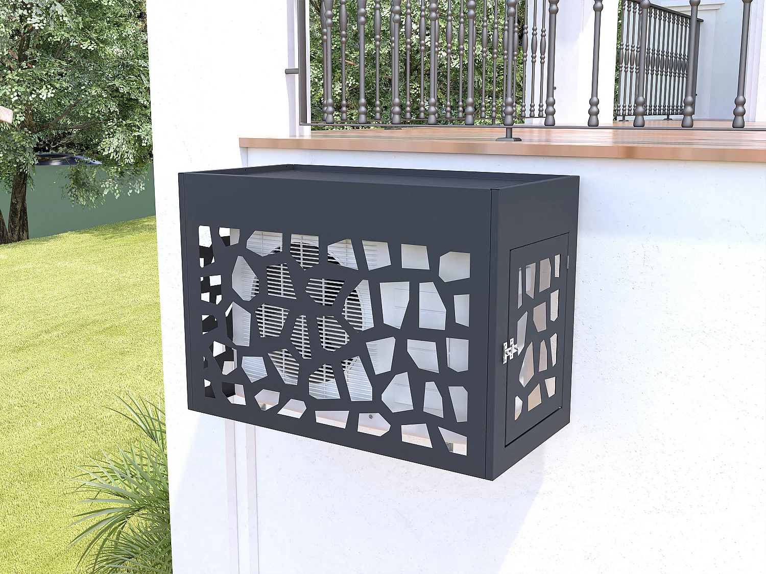 Cache clim / pompe à chaleur en aluminium ajouré - Avec porte d'accès - Anthracite - KAZOMA