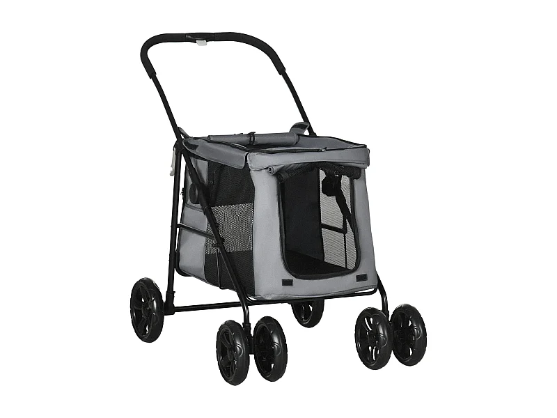 Poussette pliable pour chien chat 4 roues 3 pochettes rangement coussin acier oxford gris
