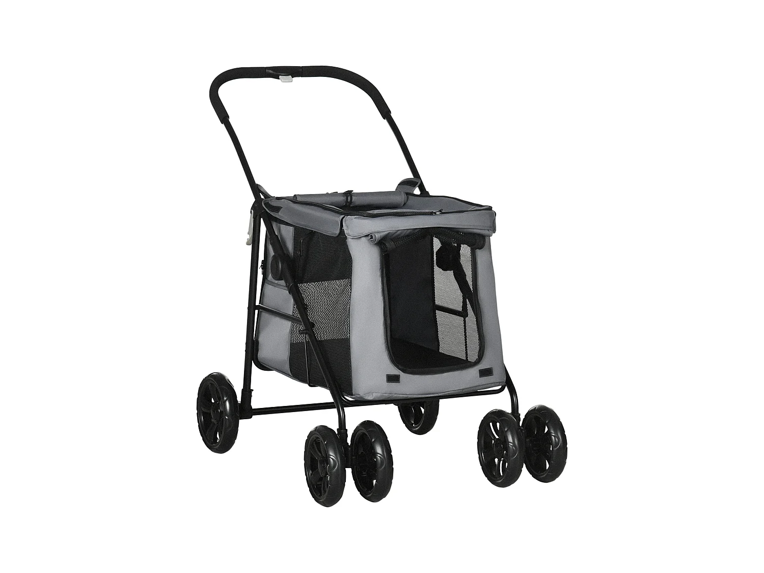 Poussette pliable pour chien chat 4 roues 3 pochettes rangement coussin acier oxford gris