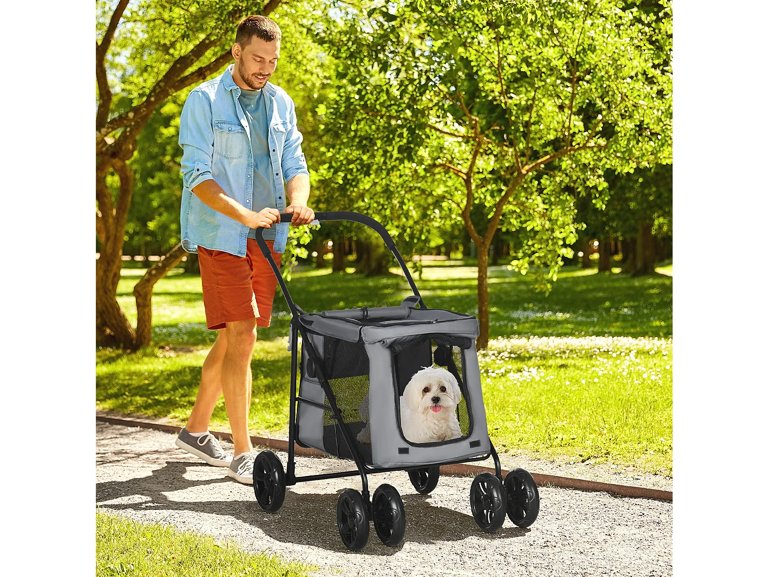 Poussette pliable pour chien chat 4 roues 3 pochettes rangement coussin acier oxford gris