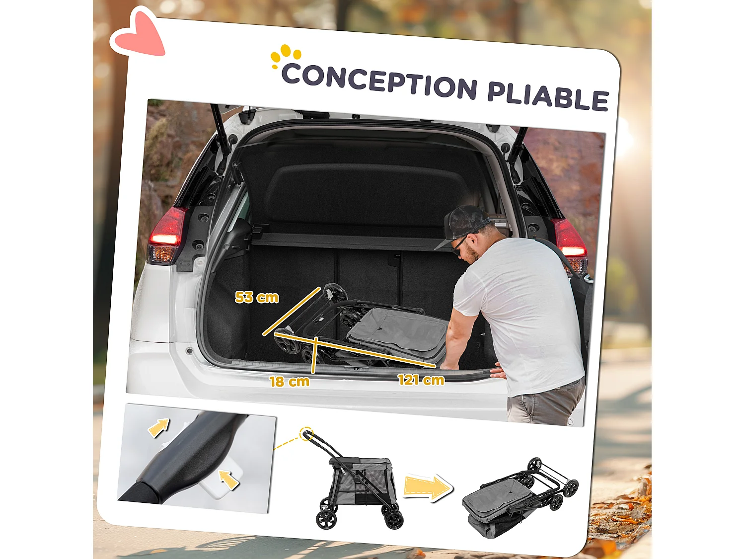 Poussette pliable pour chien chat 4 roues 3 pochettes rangement coussin acier oxford gris