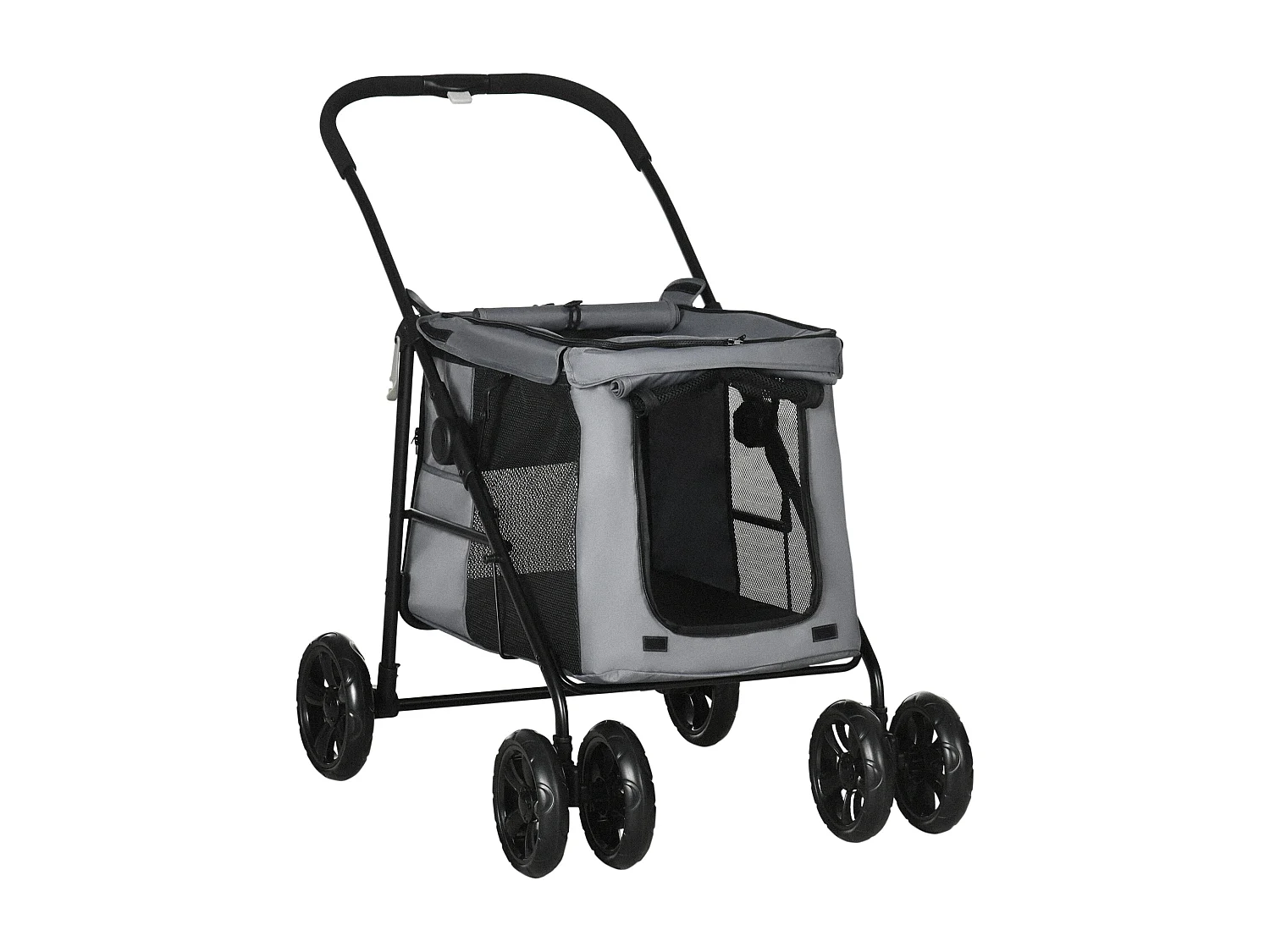 Poussette pliable pour chien chat 4 roues 3 pochettes rangement coussin acier oxford gris