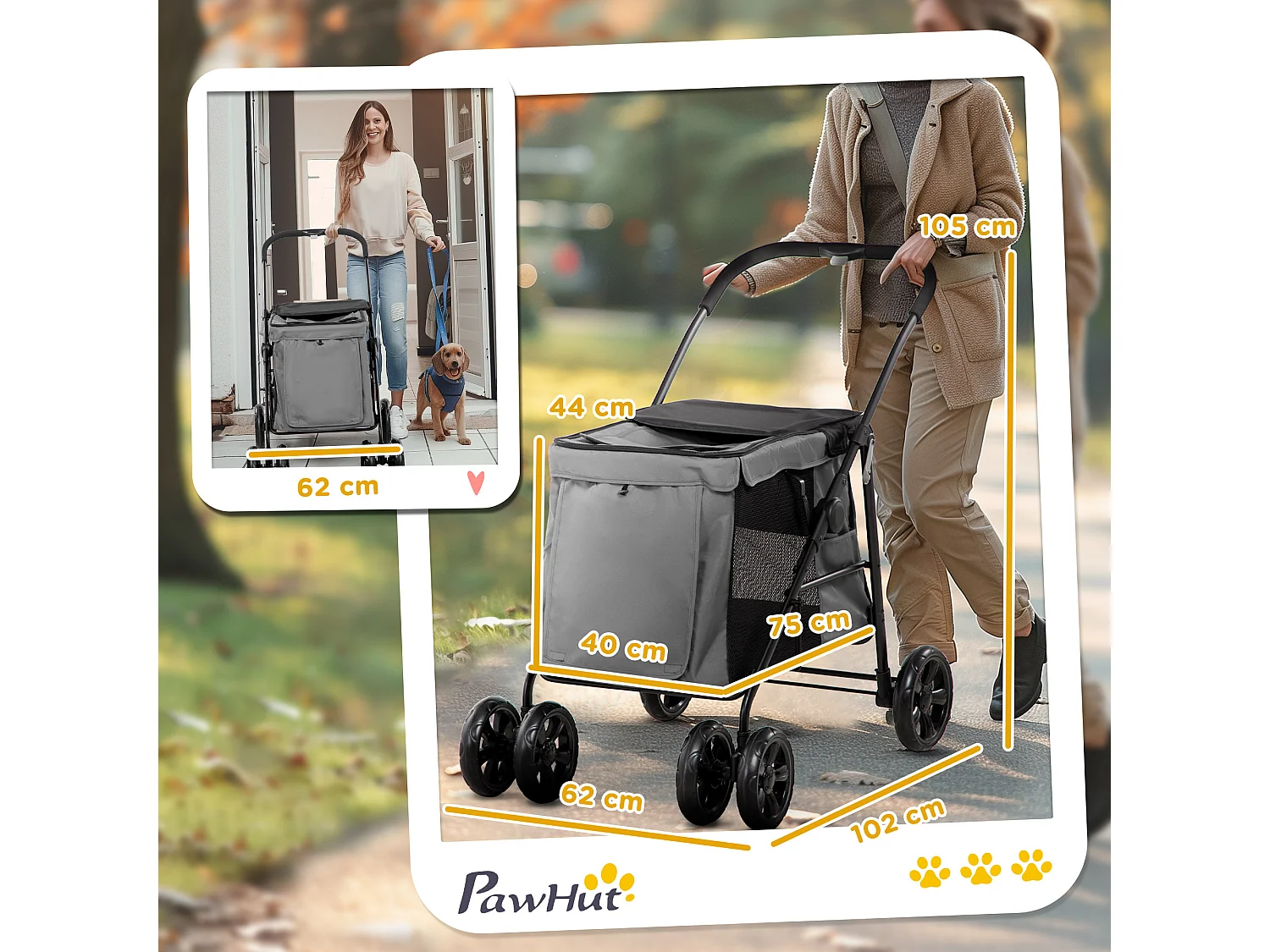 Poussette pliable pour chien chat 4 roues 3 pochettes rangement coussin acier oxford gris