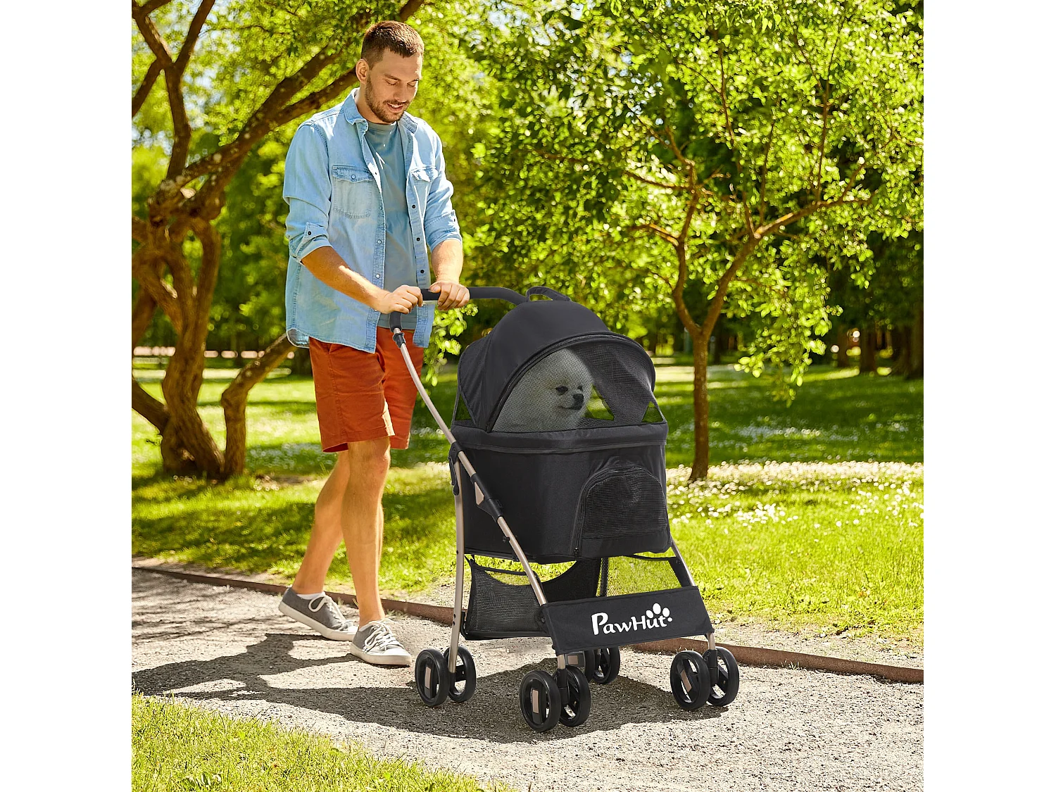 Poussette pliable pour chien chat nacelle amovible 2 en 1 - 4 roues doubles, 2 freins - acier Oxford noir