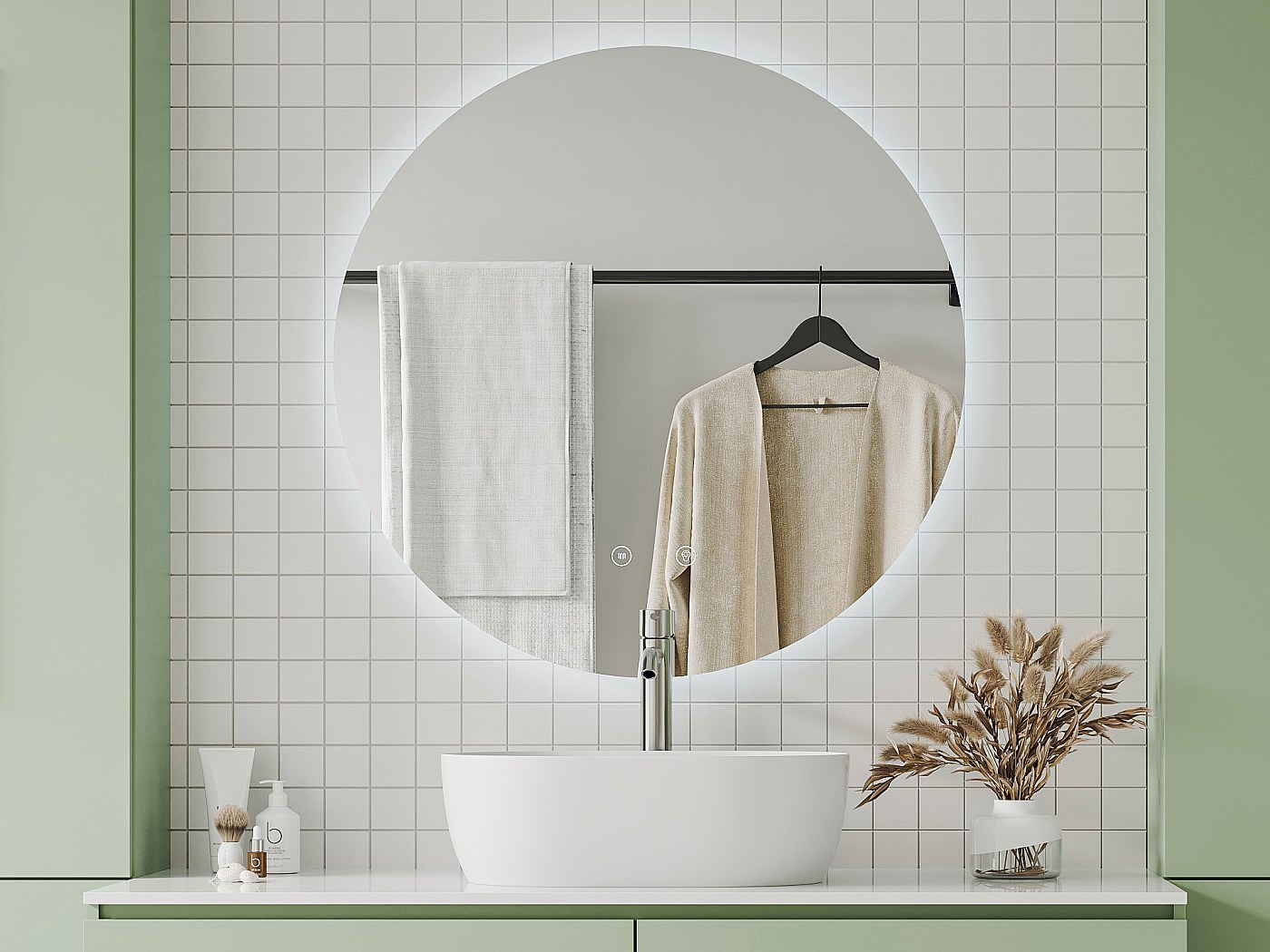 Miroir De Salle De Bain LED Rond – 60x54 Cm – Anti-buée, Mémoire, Luminosité Réglable, Interrupteur Tactile – Installation Facile