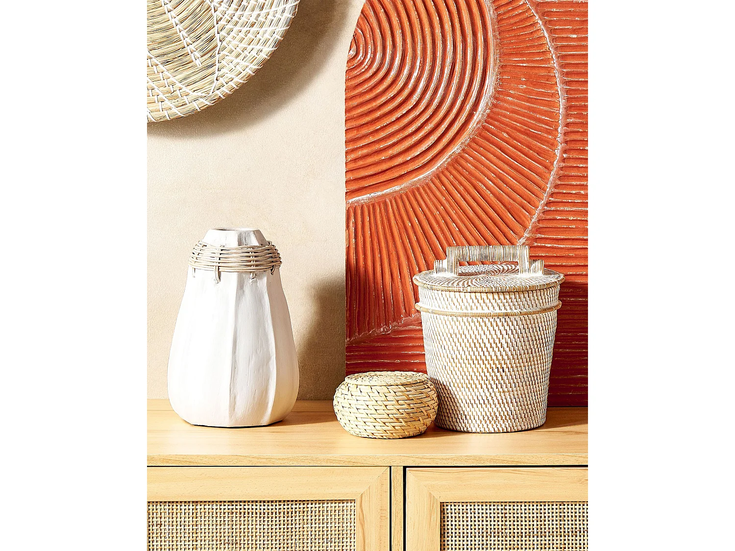 Kleiner Korb aus Rattan mit Deckel und Griff 21 cm Aufbewahrung Weiß Barumun