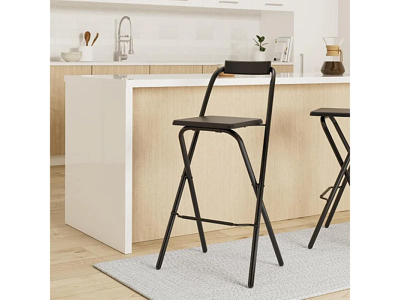 Tabouret de bar noir bois et métal avec dossier. Pratique, ce tabouret de bar est pliable.