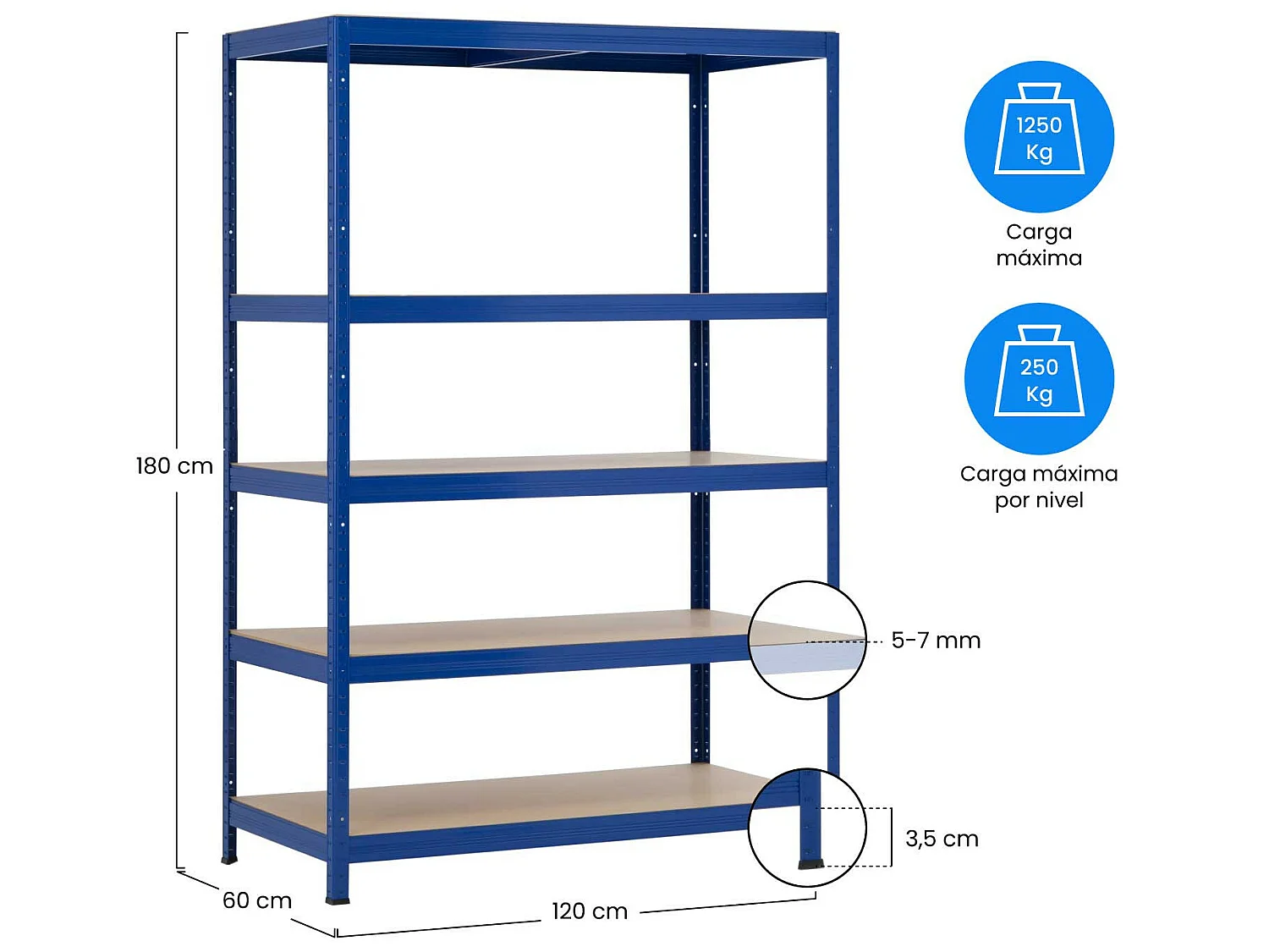 Pack 2 étagères modulaires bleues avec 5 étagères réglables 180x120x60cm 1250Kg 7house