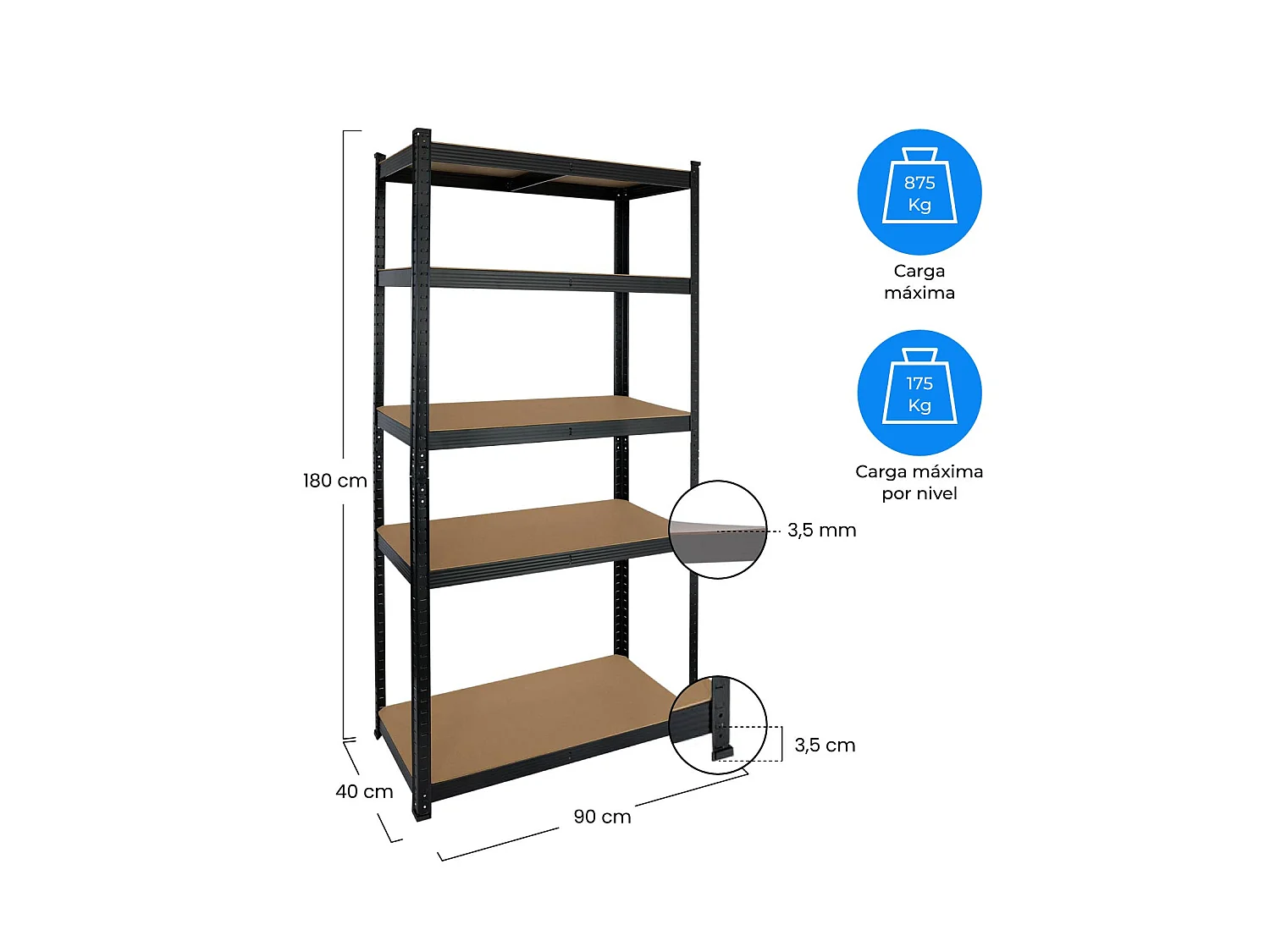 MegaPack 10 Scaffali modulari neri con 5 ripiani regolabili 180x90x40cm 875Kg 7house