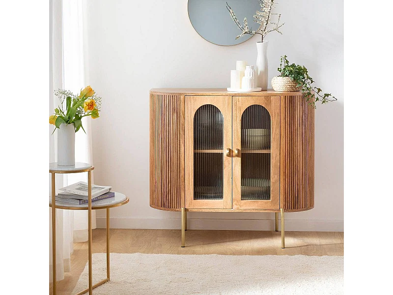 Vitrine arrondie vitrée en bois de manguier Maria