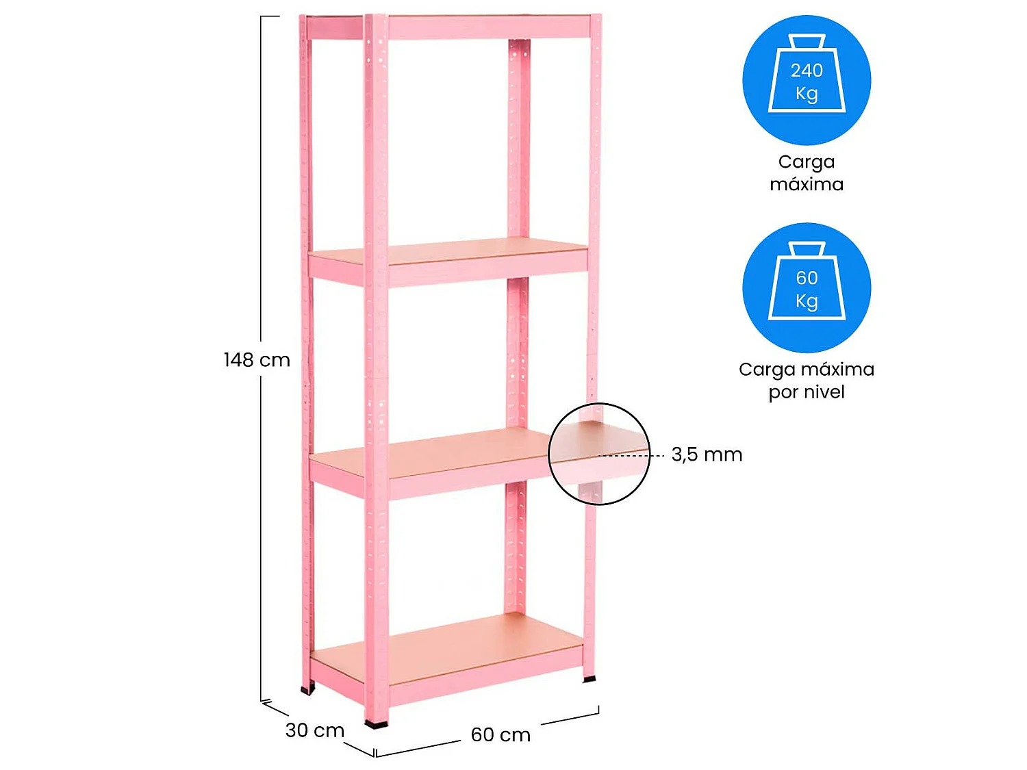 Etagère en métal rose avec 4 étagères réglables 148x60x30cm 240Kg 7house