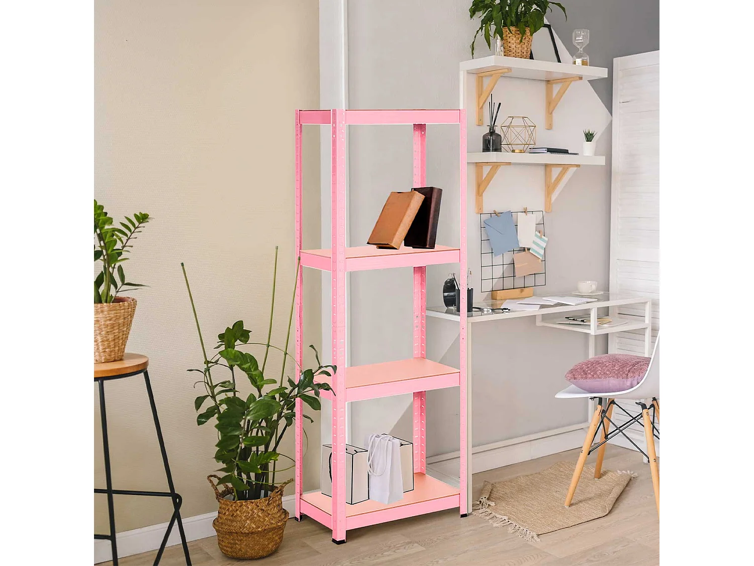 Etagère en métal rose avec 4 étagères réglables 148x60x30cm 240Kg 7house