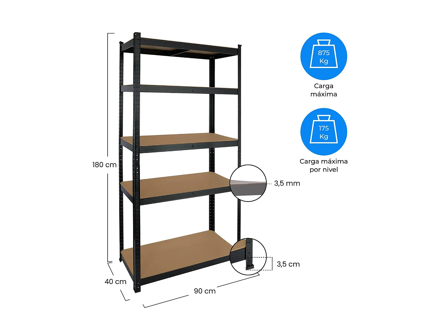 Pack 2 Estanterías Modulares Negras con 5 Baldas Ajustables 180x90x40cm 875Kg 7house