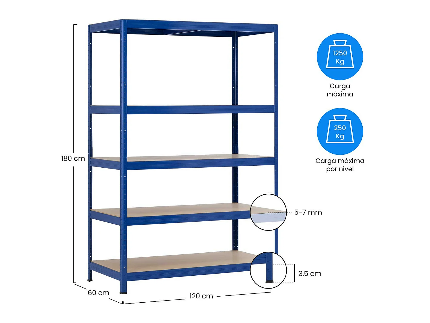 Estantería Modular Azul con 5 Baldas Ajustables 180x120x60cm 1250Kg 7house