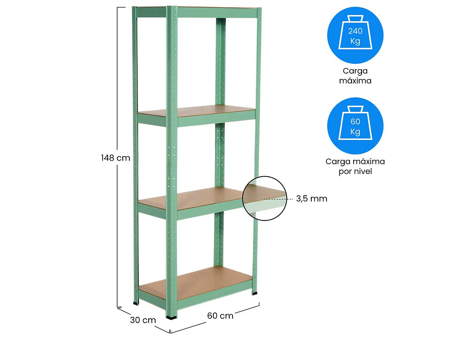 Scaffale in metallo verde con 4 ripiani regolabili 148x60x30cm 240Kg 7house