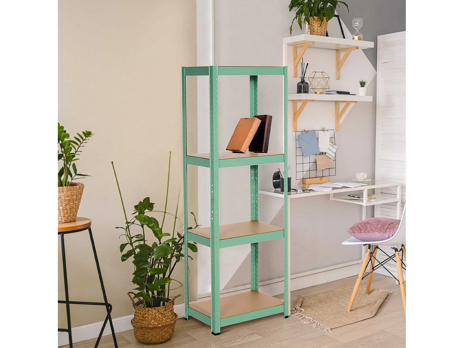 Scaffale in metallo verde con 4 ripiani regolabili 148x60x30cm 240Kg 7house