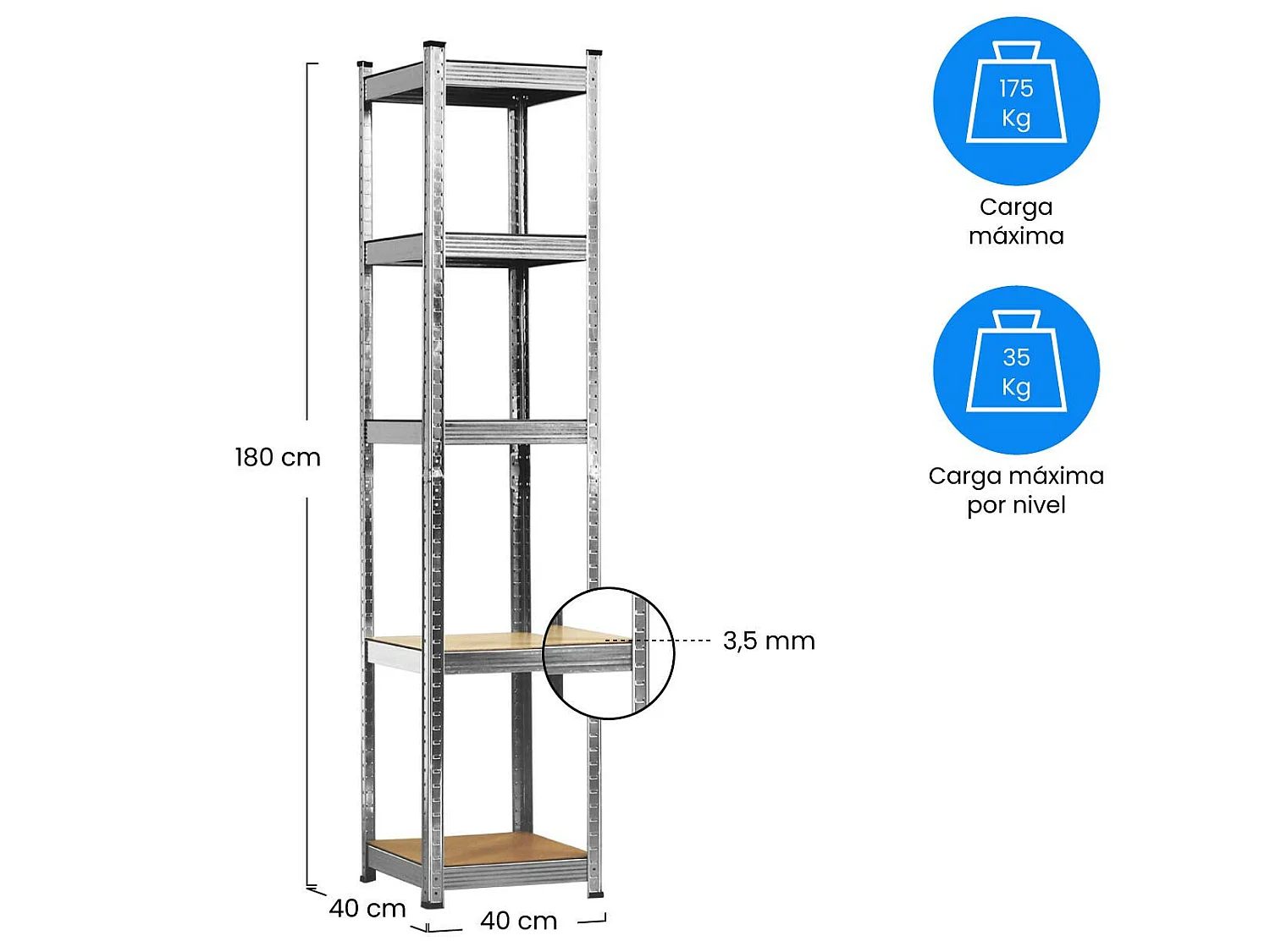 Confezione 3 scaffalature modulari con 5 ripiani regolabili 180x40x40cm 175Kg 7house