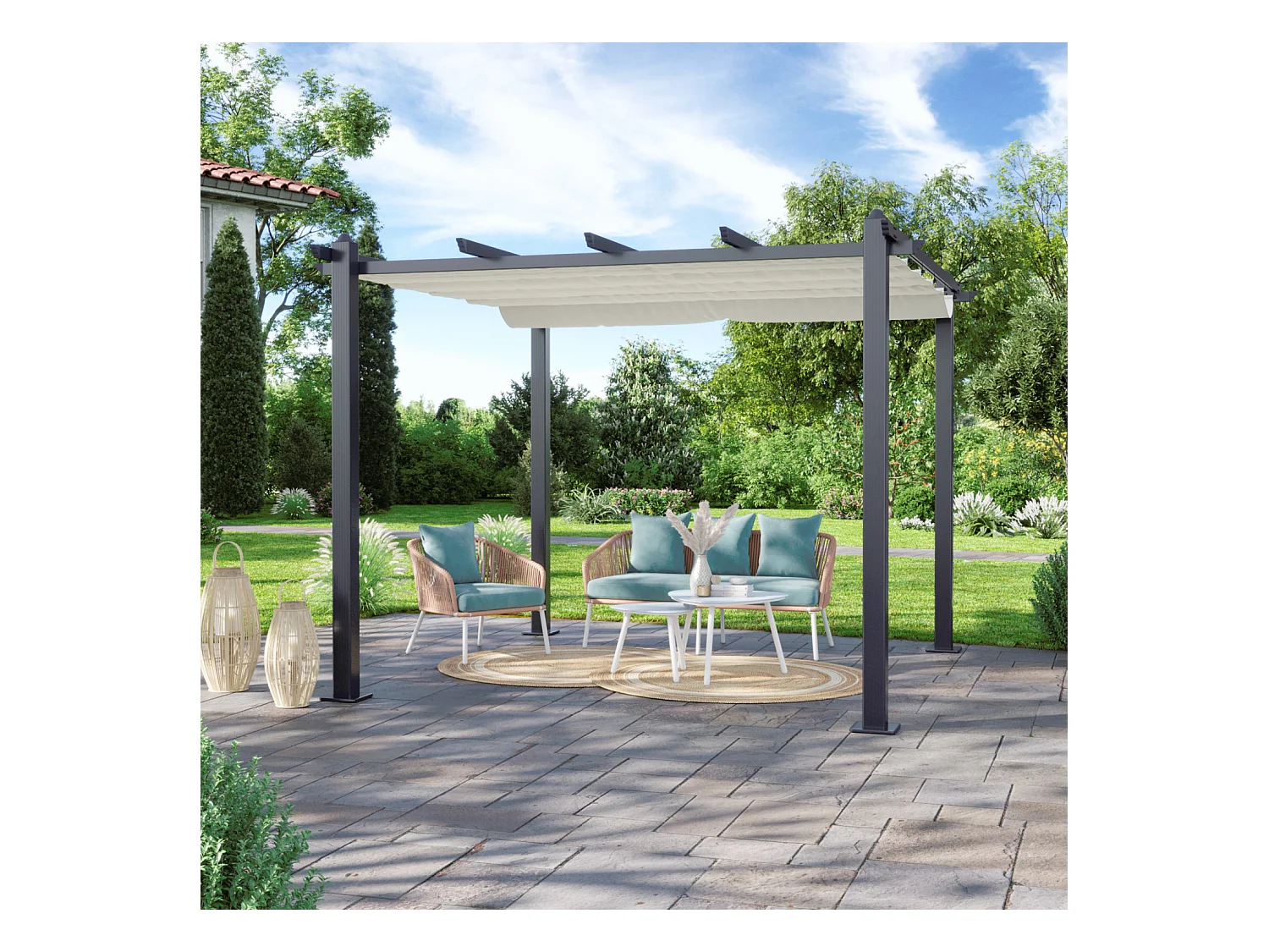 Tonnelle/Pergola aluminium 3x3m toile coulissante rétractable - Gris Ecru - HERO