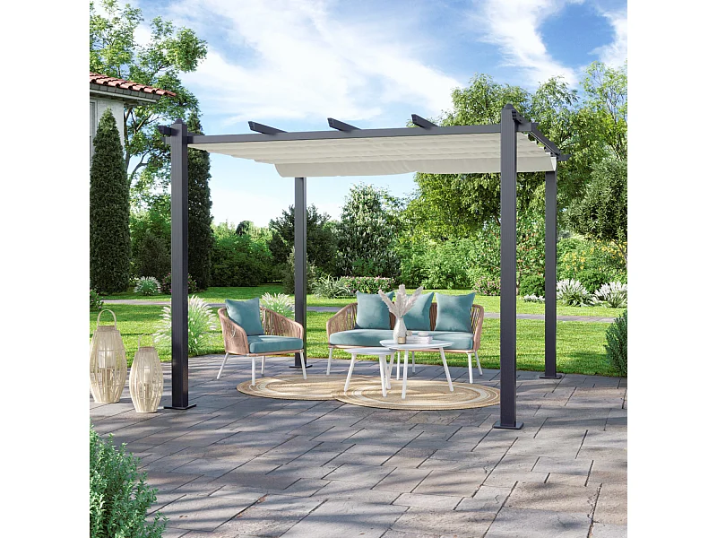 Tonnelle/Pergola aluminium 3x3m toile coulissante rétractable - Gris Ecru - HERO