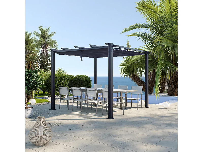Tonnelle/Pergola aluminium 3x3m toile coulissante rétractable - Gris - OHIO