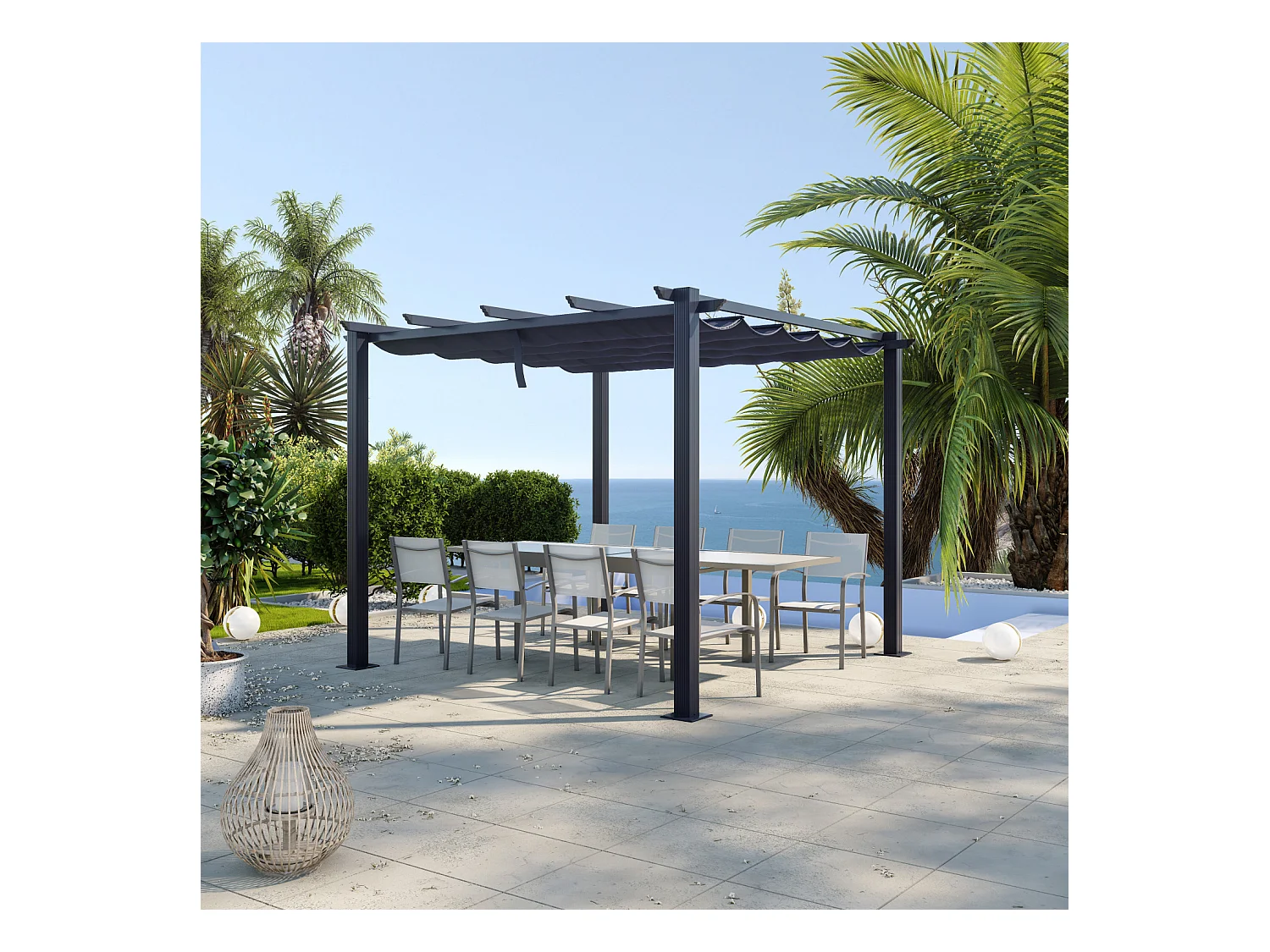 Tonnelle/Pergola aluminium 3x3m toile coulissante rétractable - Gris - OHIO