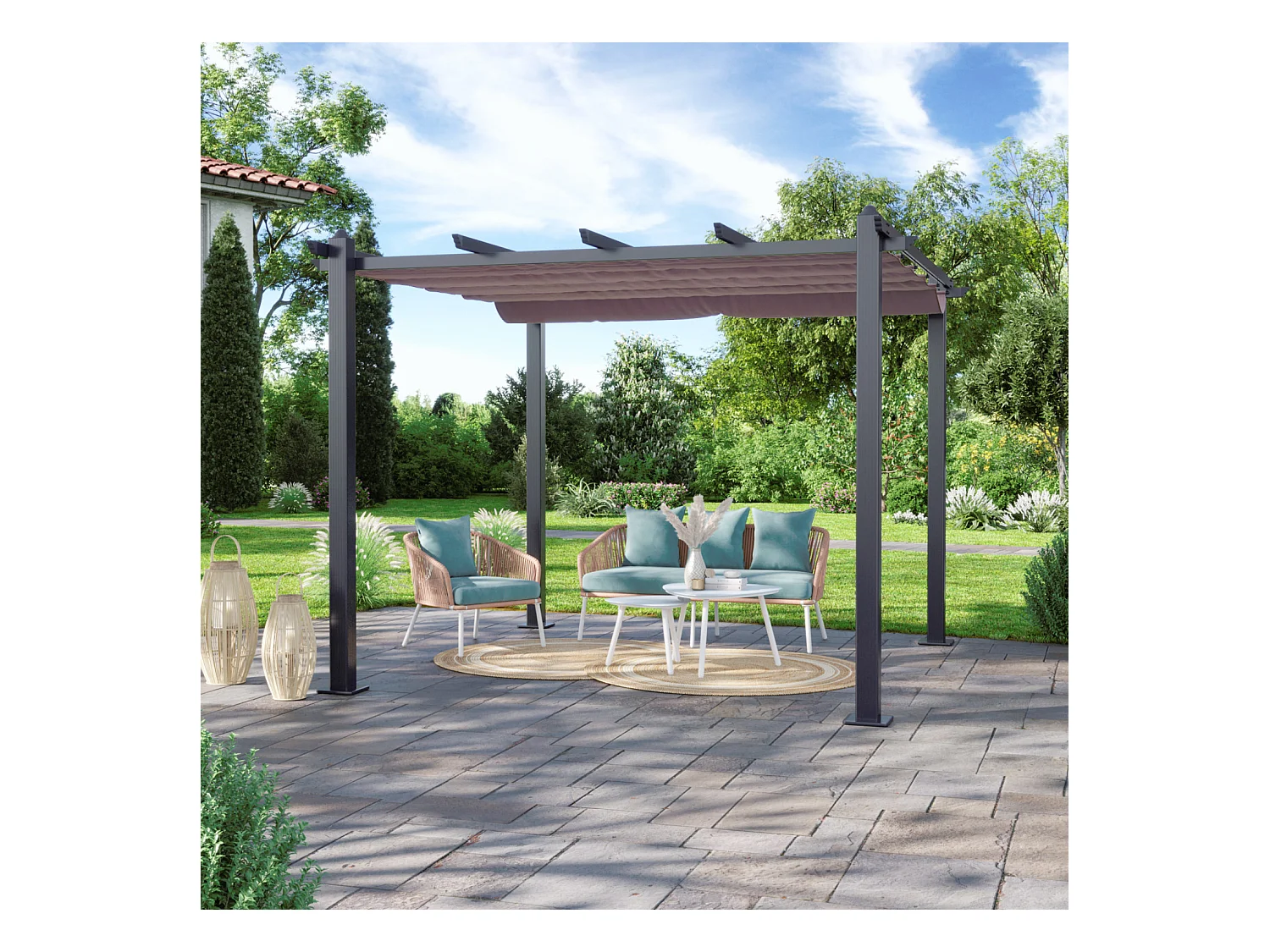 Tonnelle/Pergola aluminium 3x3m toile coulissante rétractable - Gris Taupe - HERO