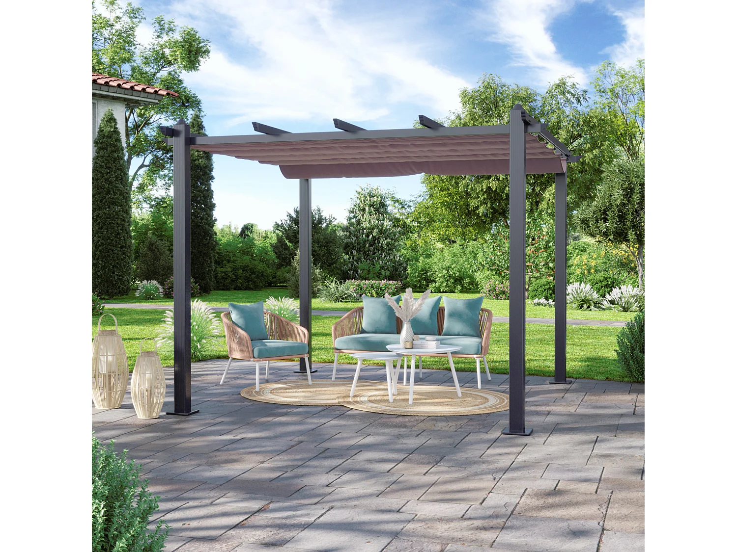 Tonnelle/Pergola aluminium 3x3m toile coulissante rétractable - Gris Taupe - HERO