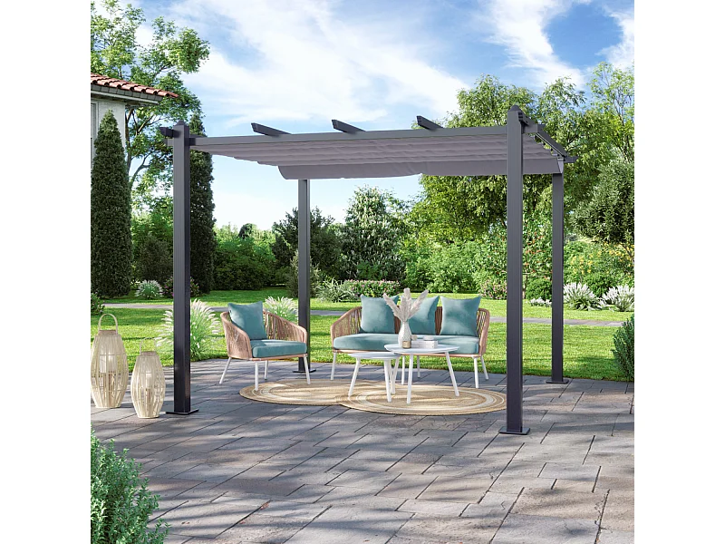 Tonnelle/Pergola aluminium 3x3m toile coulissante rétractable - Gris Anthracite - HERO