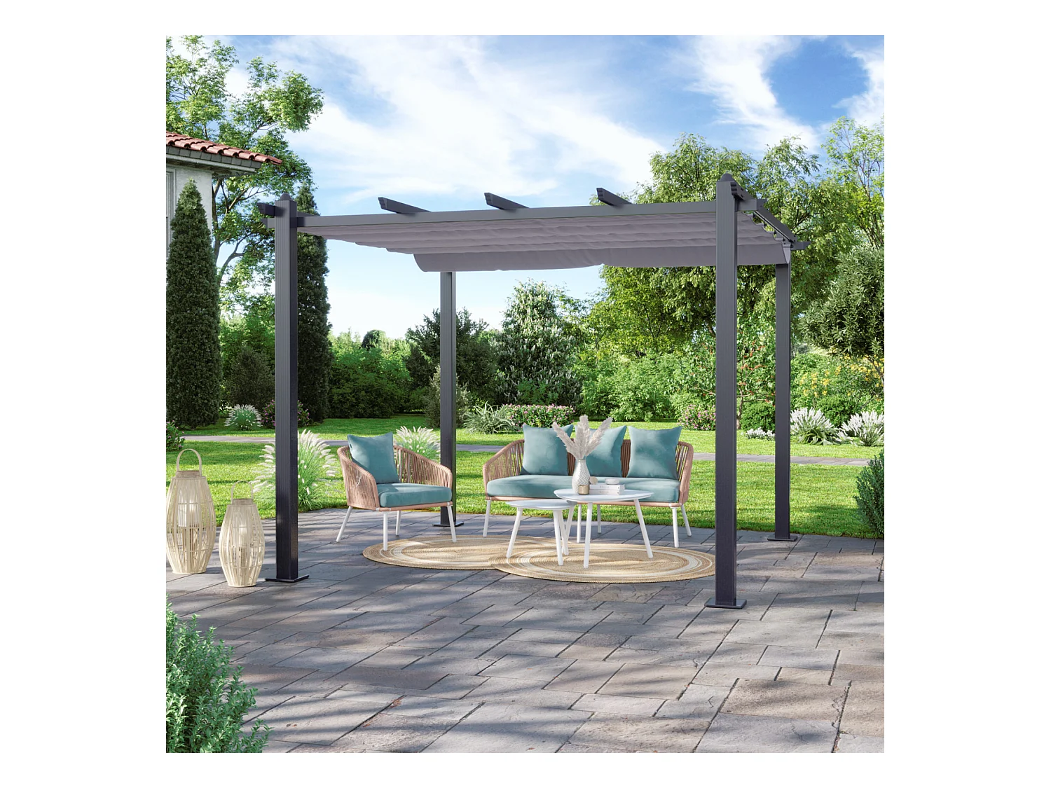 Tonnelle/Pergola aluminium 3x3m toile coulissante rétractable - Gris Anthracite - HERO