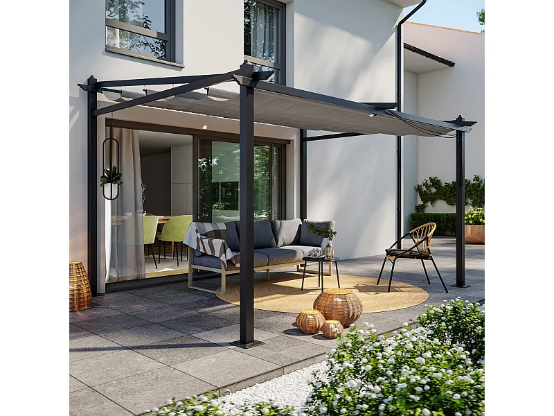 Tonnelle/Pergola mural en aluminium 3x4m toile coulissante rétractable - Gris - LISBOA