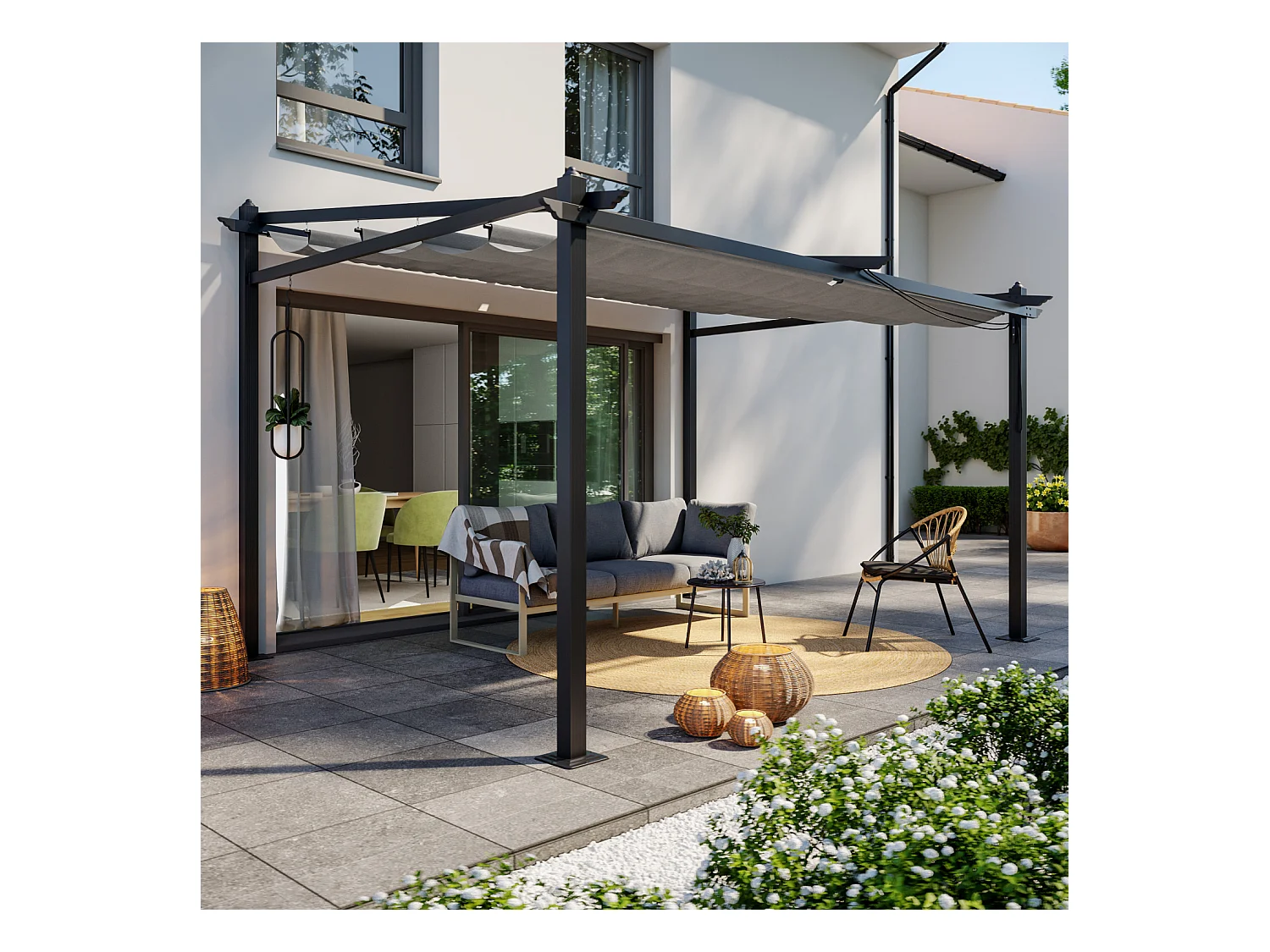 Tonnelle/Pergola mural en aluminium 3x4m toile coulissante rétractable - Gris - LISBOA