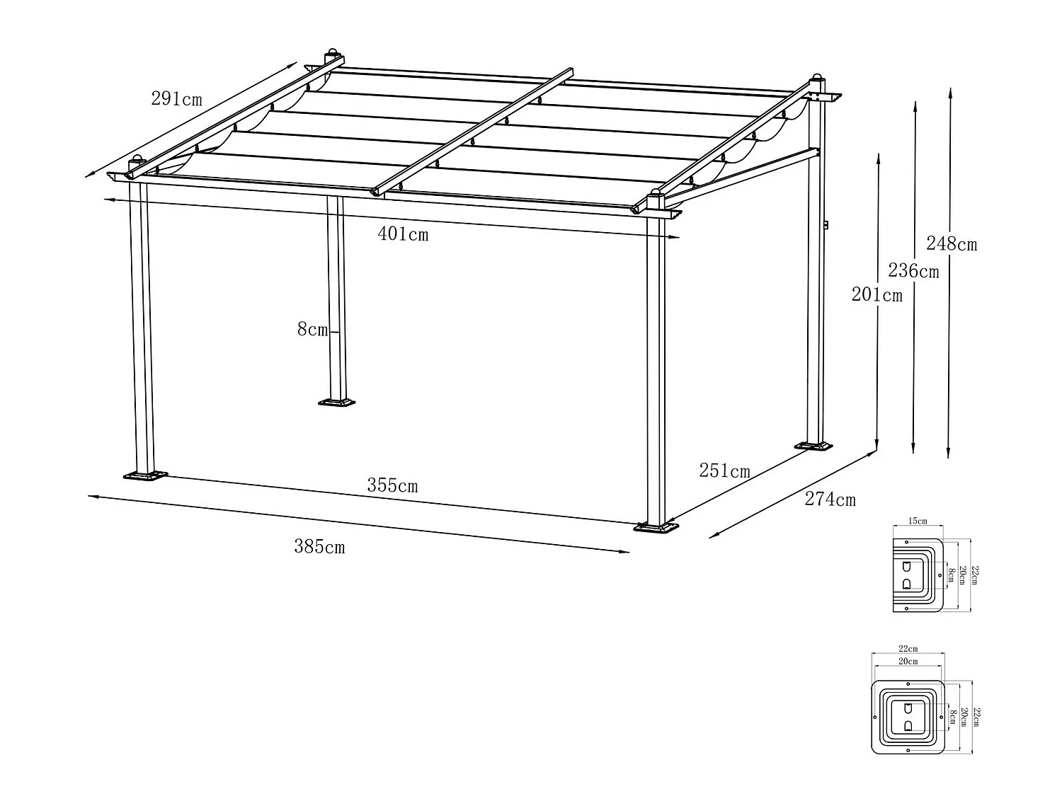 Tonnelle/Pergola mural en aluminium 3x4m toile coulissante rétractable - Gris - LISBOA