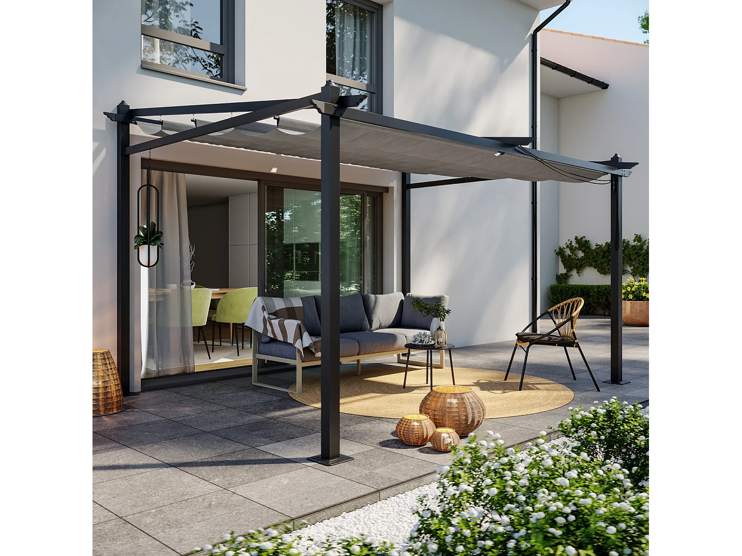 Tonnelle/Pergola mural en aluminium 3x4m toile coulissante rétractable - Gris - LISBOA