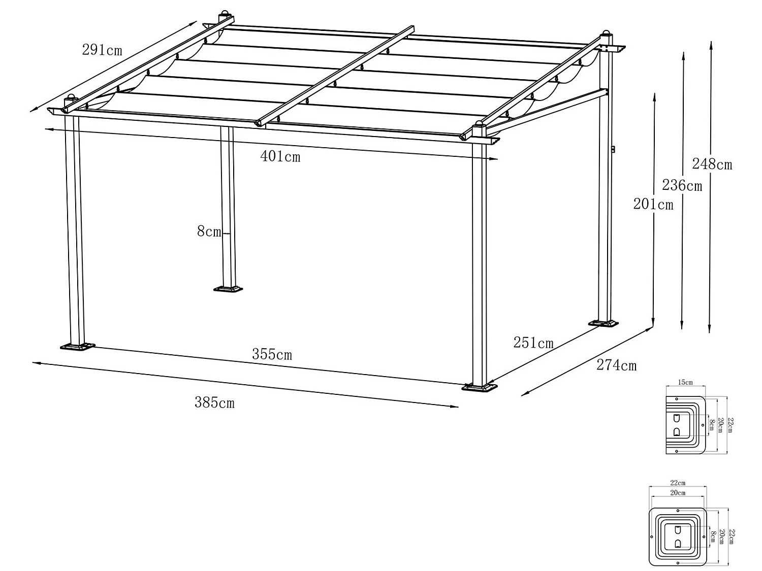 Tonnelle/Pergola mural en aluminium 3x4m toile coulissante rétractable - Gris - LISBOA