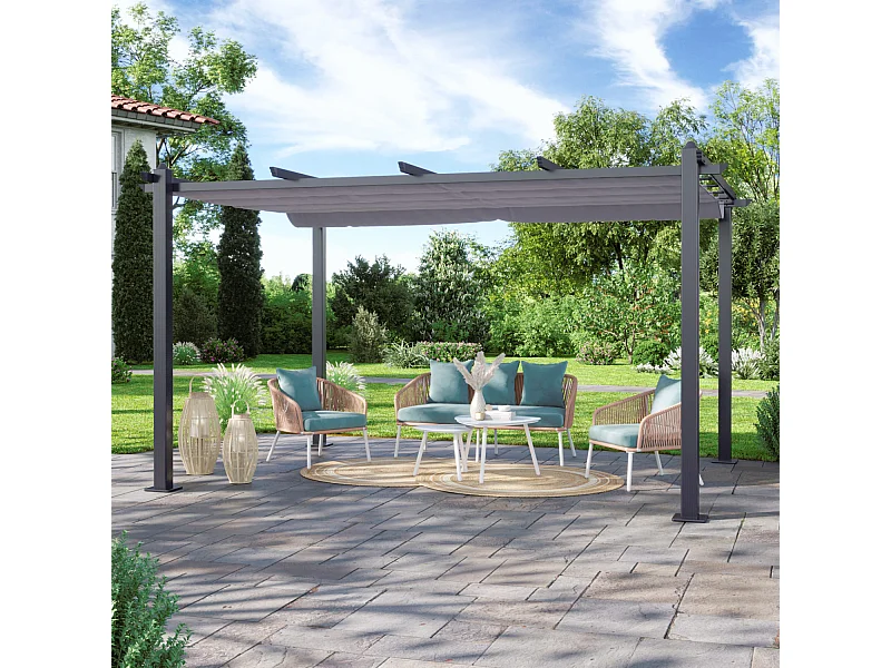 Tonnelle/Pergola aluminium 3x4m toile coulissante rétractable - Gris - HERO XL