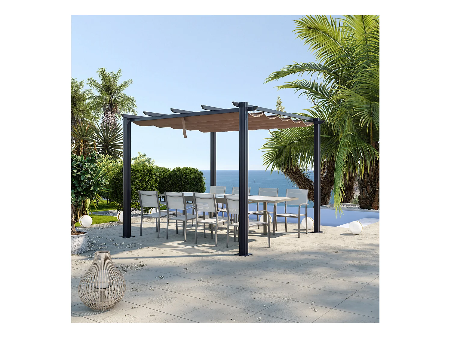 Tonnelle/Pergola aluminium 3x3m toile coulissante rétractable - Gris / Taupe - OHIO