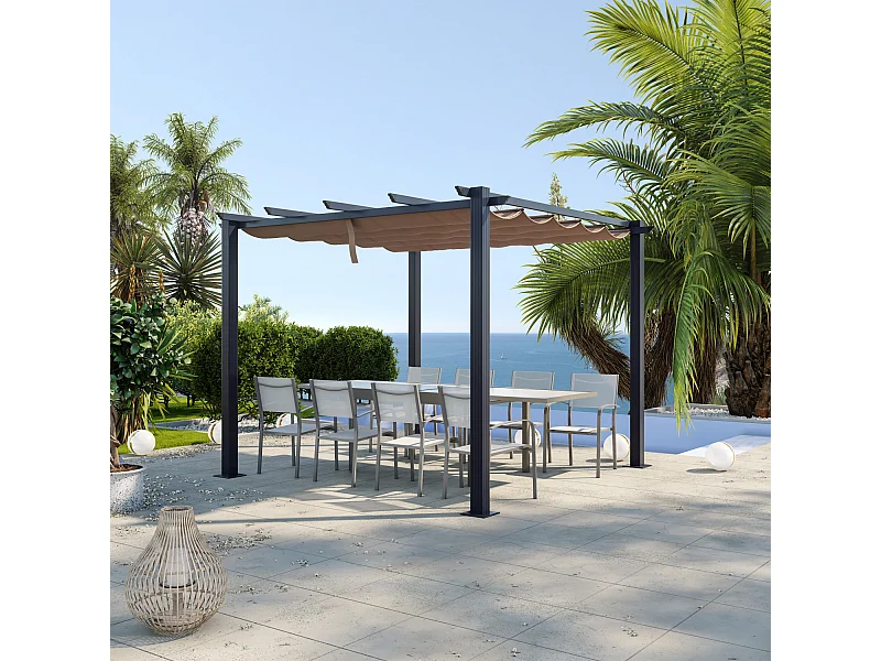 Tonnelle/Pergola aluminium 3x3m toile coulissante rétractable - Gris / Taupe - OHIO