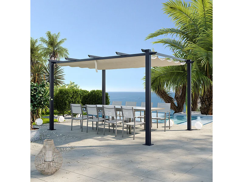 Tonnelle/Pergola aluminium 3x4m toile coulissante rétractable - Gris / ECRU - OHIO XL
