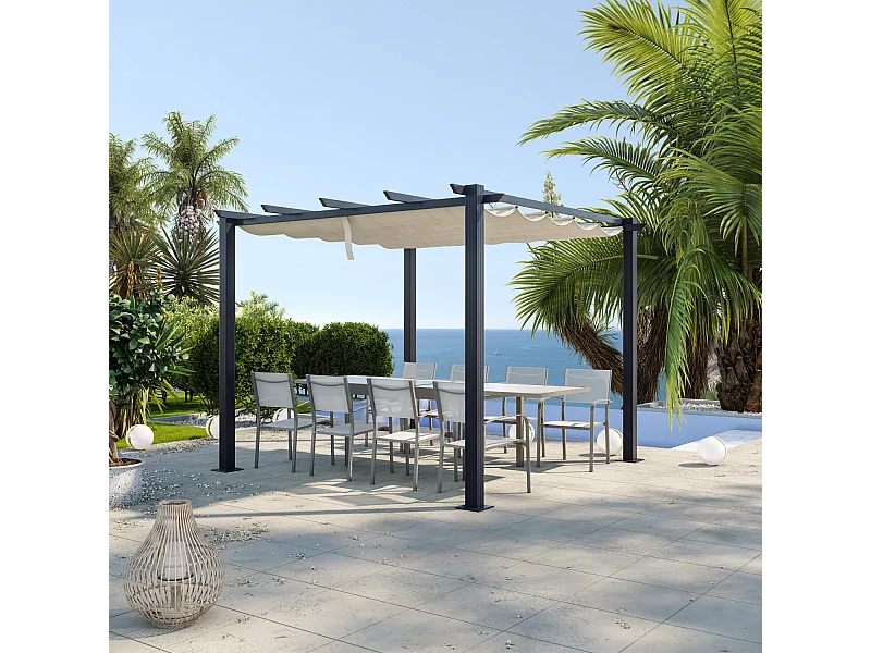 Tonnelle/Pergola aluminium 3x3m toile coulissante rétractable - Gris / Ecru - OHIO