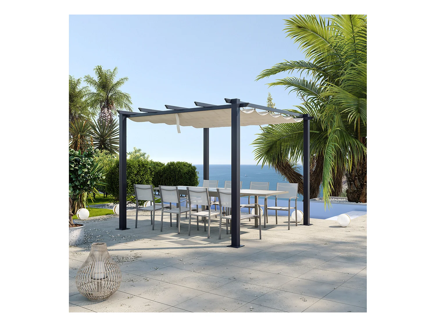 Tonnelle/Pergola aluminium 3x3m toile coulissante rétractable - Gris / Ecru - OHIO