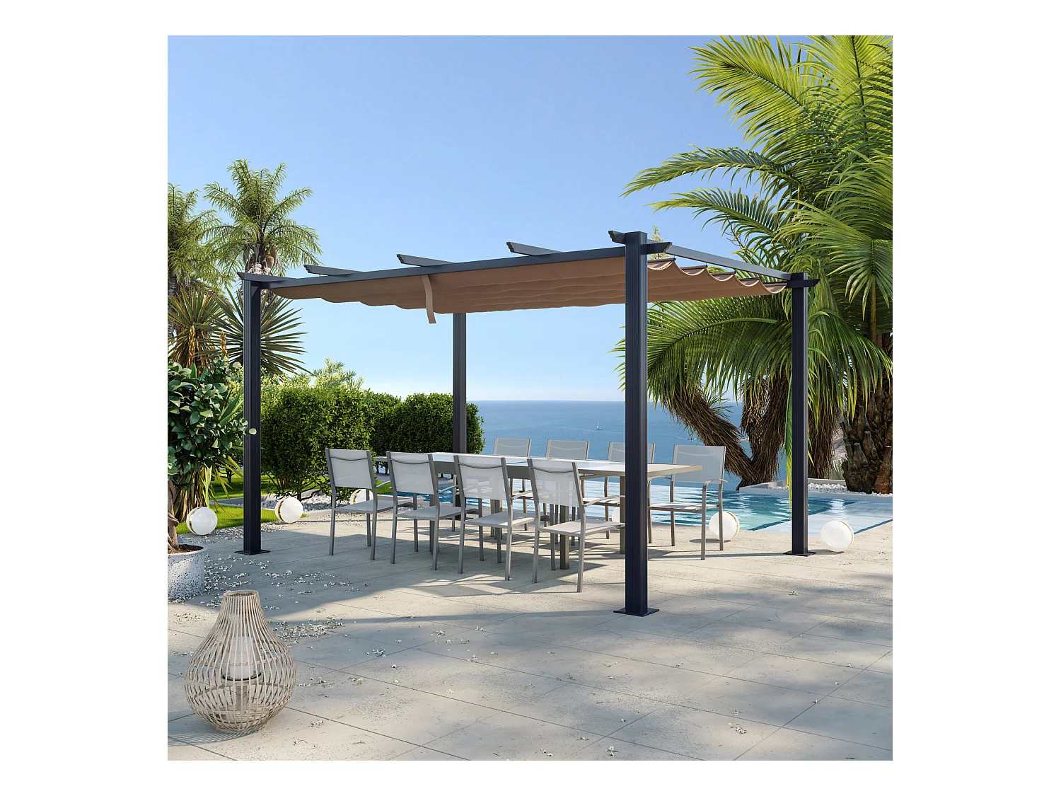 Tonnelle/Pergola aluminium 3x4m toile coulissante rétractable - Gris / Taupe - OHIO XL