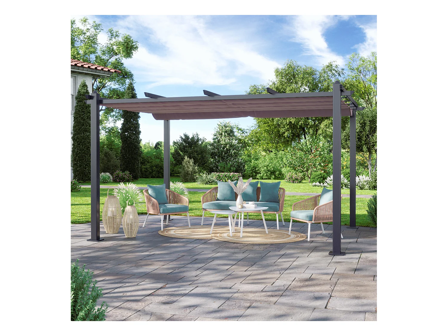 Tonnelle/Pergola aluminium 3x4m toile coulissante rétractable - Gris Taupe - HERO XL