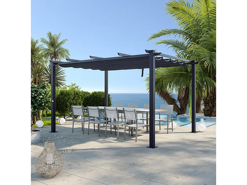 Tonnelle/Pergola aluminium 3x4m toile coulissante rétractable - Gris - OHIO XL
