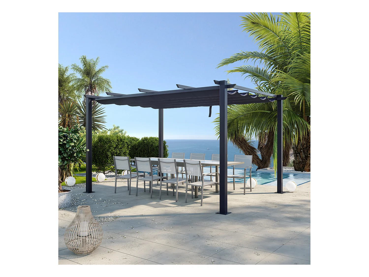 Tonnelle/Pergola aluminium 3x4m toile coulissante rétractable - Gris - OHIO XL
