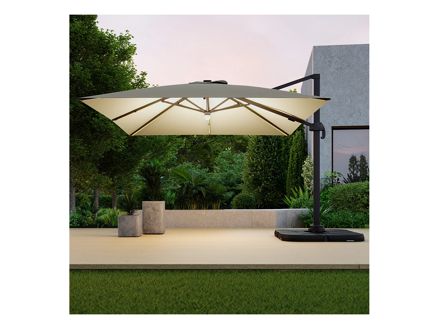 Parasol déporté LED 3x4m rectangle en aluminium + housse - rotatif 360° - Taupe - ROME