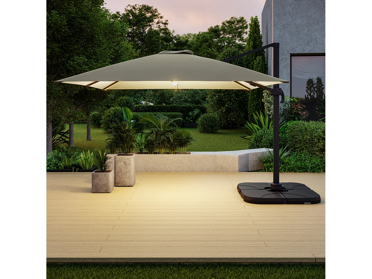 Parasol déporté LED 3x4m rectangle en aluminium + housse - rotatif 360° - Taupe - ROME
