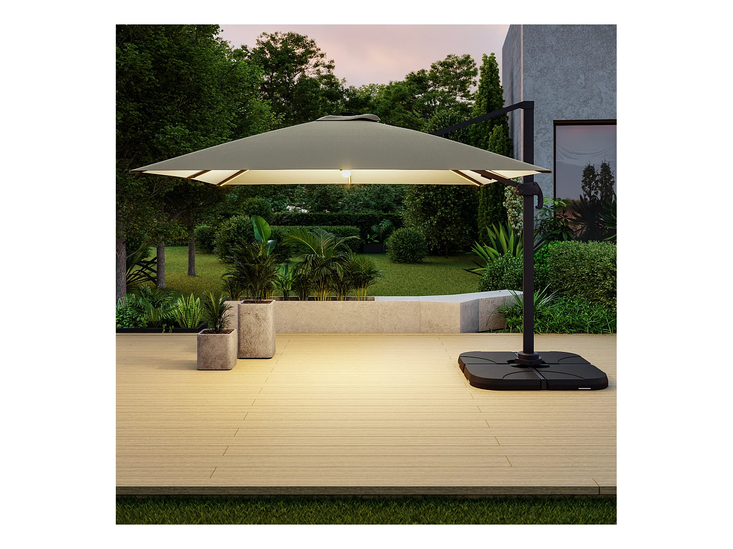 Parasol déporté LED 3x4m rectangle en aluminium + housse - rotatif 360° - Taupe - ROME