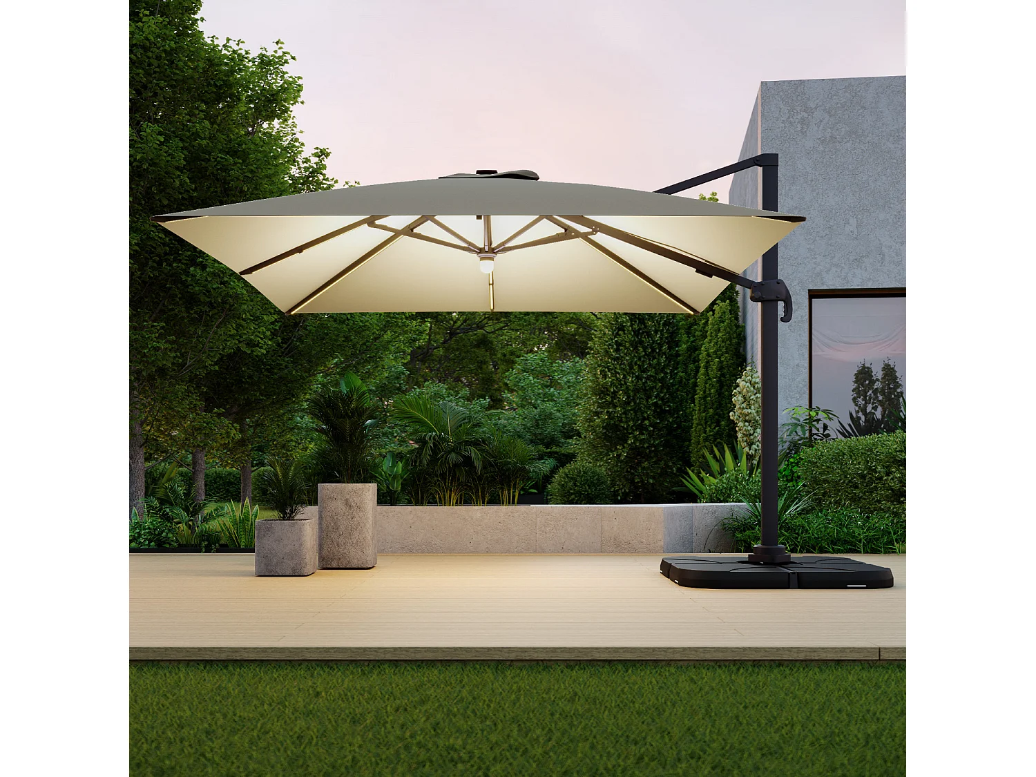 Parasol déporté LED 3x4m rectangle en aluminium + housse - rotatif 360° - Taupe - ROME