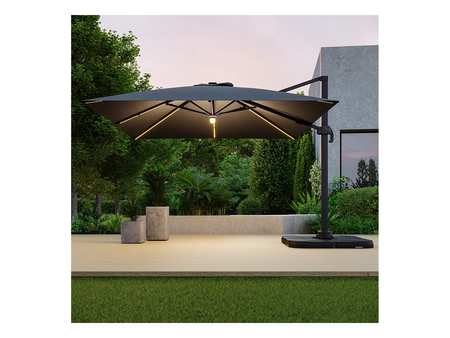 Parasol déporté LED 3x4m rectangle en aluminium + housse - rotatif 360° - Anthracite - ROME