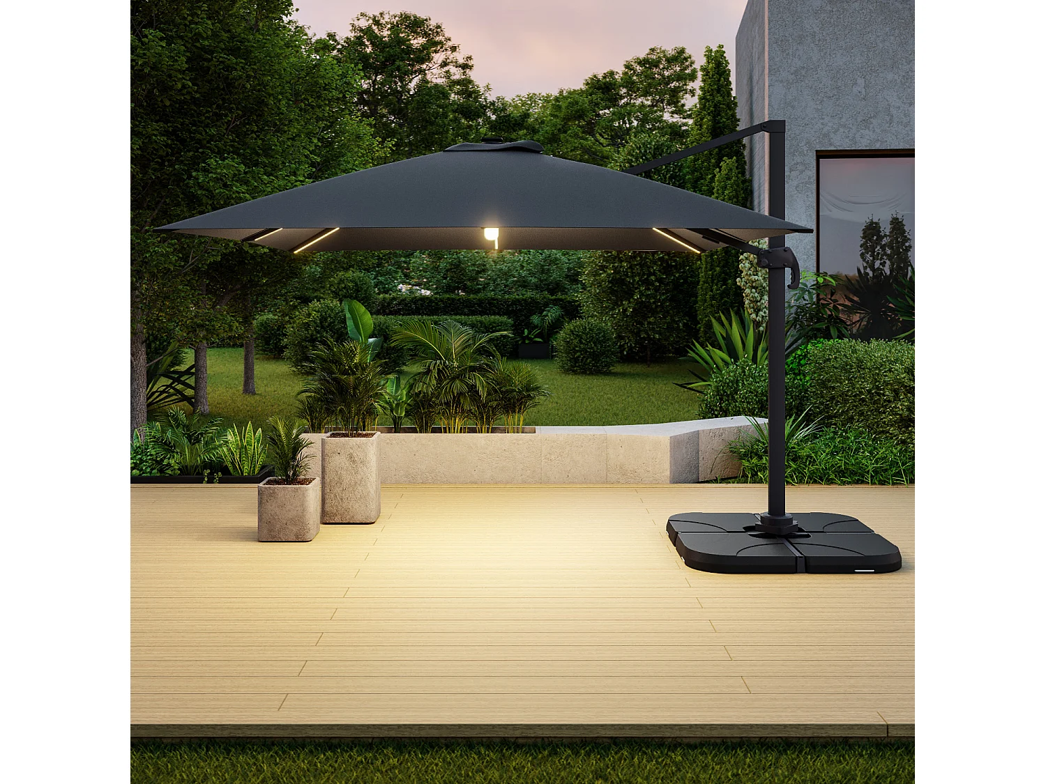 Parasol déporté LED 3x4m rectangle en aluminium + housse - rotatif 360° - Anthracite - ROME